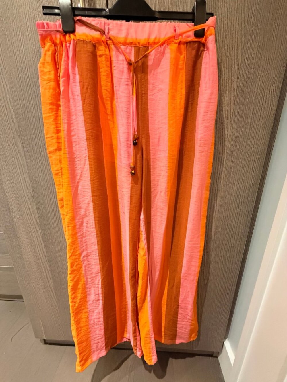 Zara Pink Orange Striped Wide-Leg Drawstring Pants